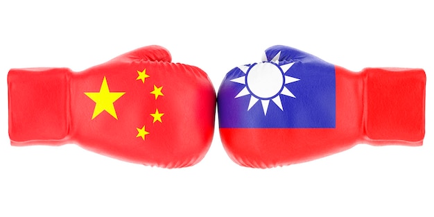 Luvas de boxe com bandeiras de Taiwan e China Governos conflitam conceito de renderização em 3D