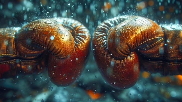 Luvas de boxe e salpico de água em um fundo escuro Closeup