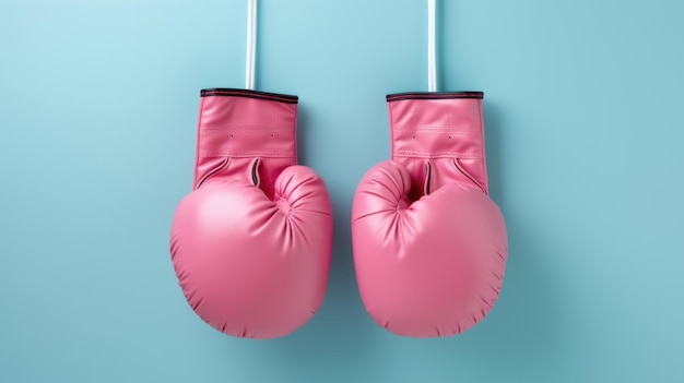 Luvas de boxe rosa sobre fundo azul Conceito de doença de câncer feminino