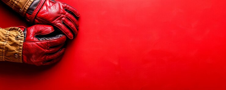 Foto luvas de boxe vintage em um fundo vermelho vibrante com espaço para texto, luta, esporte e competição.