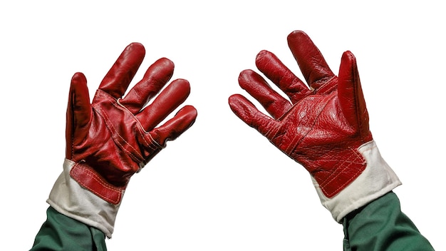 Luvas de trabalho duráveis, palmas abertas de couro vermelho texturizado para cima em branco