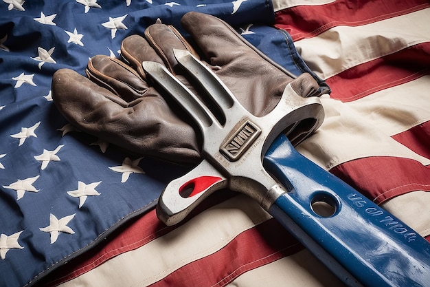 Luvas de trabalho usadas segurando velha chave inglesa e bandeira americana feita nos EUA força de trabalho americana trabalhador de colarinho azul ou conceito de Dia do Trabalho