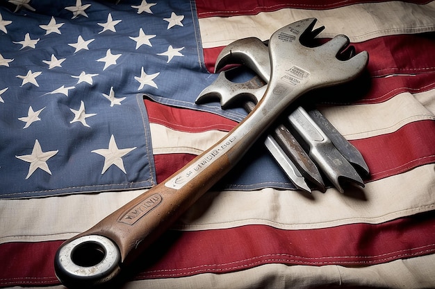 Luvas de trabalho usadas segurando velha chave inglesa e bandeira americana feita nos EUA força de trabalho americana trabalhador de colarinho azul ou conceito de Dia do Trabalho