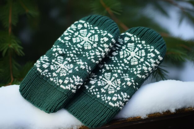 luvas de tricô verdes de Natal com floco de neve