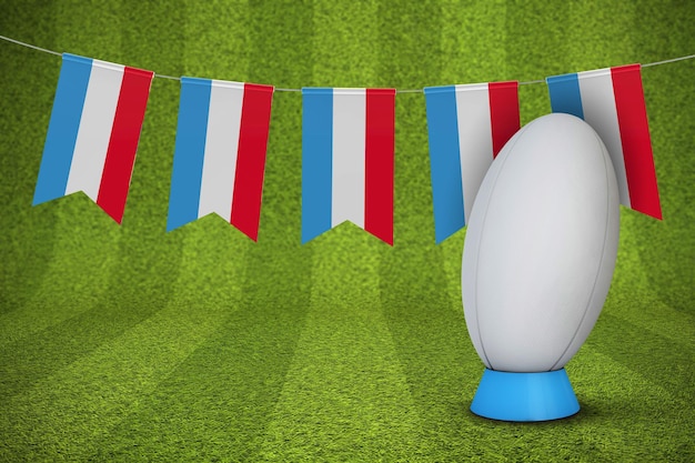 Luxemburg-Flagge mit Rugbyball und Pitch 3D-Rendering