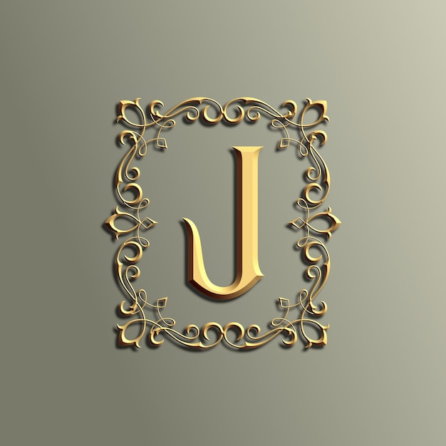 luxo 3d vintage letra J com ornamento dourado