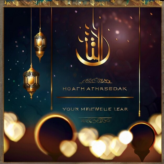 Luxo Eid Mubarak fundo desfocado com Eid Mubarik texto de saudação de fundo