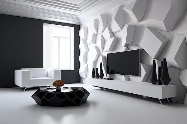 Luxo elegante cor branca sala de estar interior geométrica parede abstrata renderização 3D Generative Ai