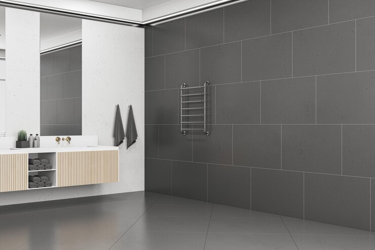 Foto luxo escuro estilo hotel banheiro interior quarto projeta conceito renderização 3d