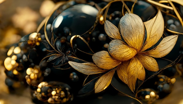 luxo floral dourado e folha para impressão de tecido de pano, renderização de ilustração 3d