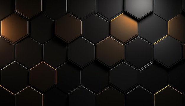 Luxo hexagonal abstrato fundo de metal preto com linhas de luz dourada escuro