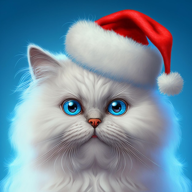 Luxo Snow White Cat olhos azuis chapéu Papai Noel Natal 3D renderizado Imagem gerada por computador Inverno 2023 Fundo azul