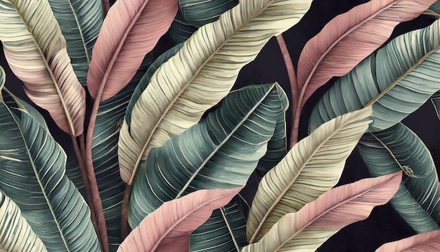 Luxo tropical exótico padrão sem costura Pastel colorido folhas de banana palma desenhado à mão vintage