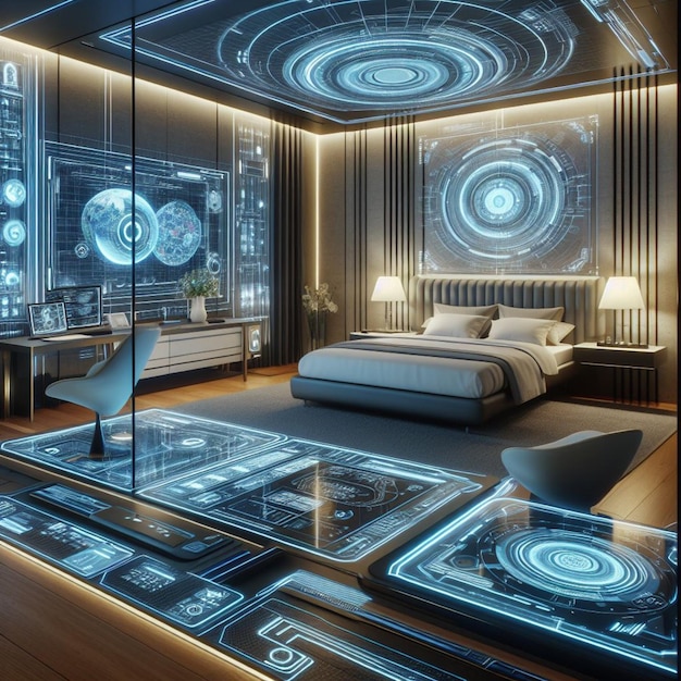 Luxo virtual desdobra quarto futurista de alta tecnologia com displays holográficos e renderização 3D