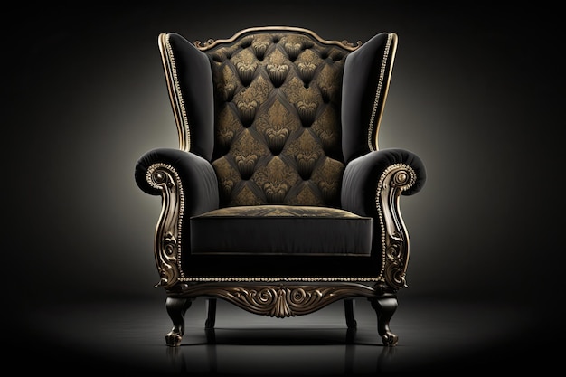 Luxuosa cadeira preta e dourada em uma sala mal iluminada Generative AI