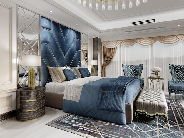 Luxuosa cama de designer com mesas de cabeceira lacadas e candeeiros dourados e um pufe macio para a cama