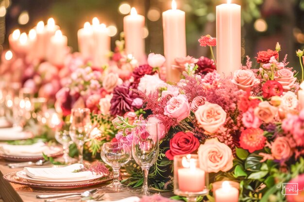 Luxuosa configuração de mesa de banquete floral à luz de velas xALuxuosa configurações de mesa de Banquete Floral a luz de vela xA