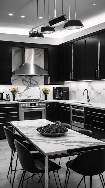 Luxuosa cozinha moderna decoração interior contemporânea e mobiliário design de interiores preto e branco