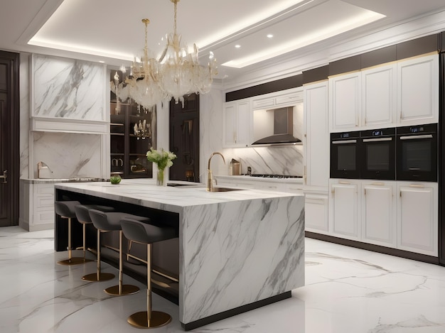 Luxuosa cozinha moderna espaço detalhado com bancadas de mármore IA geradora