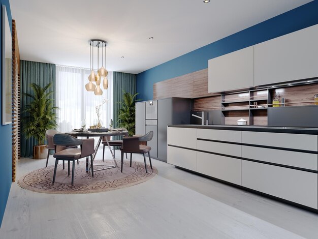 Luxuosa cozinha multicolorida com mesas de jantar em um novo estilo moderno. Móveis em branco, preto e castanho, Paredes de azul. renderização 3D.