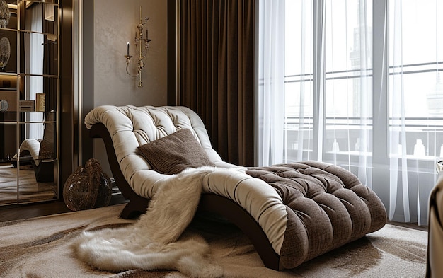 Luxuosa espreguiçadeira em branco e marrom escuro para decoração de quarto
