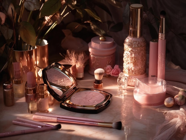 Luxuosa maquiagem rosa e perfume na mesa rosa Generative AI