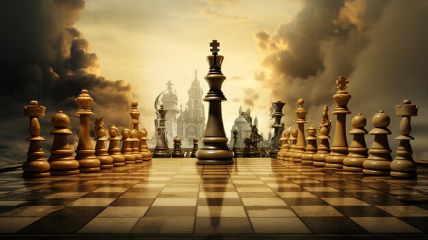 Luxuosa peça de xadrez dourada de rei e peão tabuleiro de xadrez e atmosfera tensa do jogo