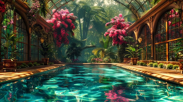 Luxuosa piscina de resort tropical Lugar de férias sereno com palmeiras exuberantes Refugio de férias idílico