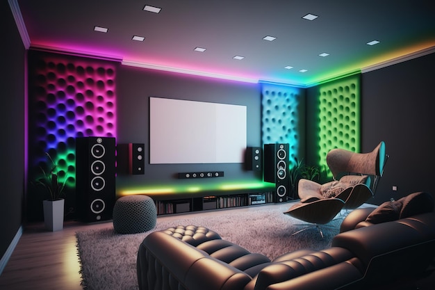 Luxuosa sala de cinema em casa com iluminação LED colorida Smart Home com cadeiras de couro macio AI