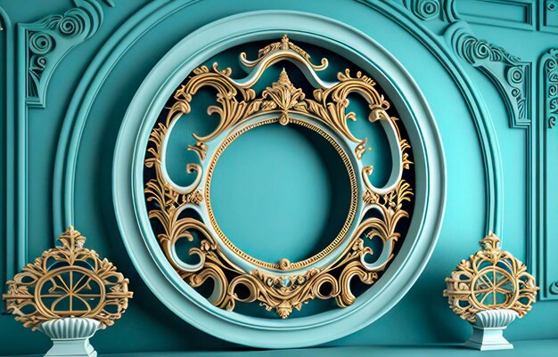 Foto luxuosa sala de estar de teal com moldura de gesso ornamentada e topiária