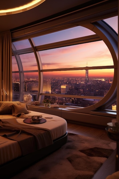 Luxuosa suite de ático con una ventana panorámica creada con IA generativa