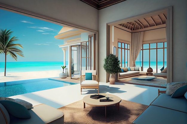 Luxuosa villa à beira-mar com espreguiçadeiras na piscina privativa e design de interiores luxuoso