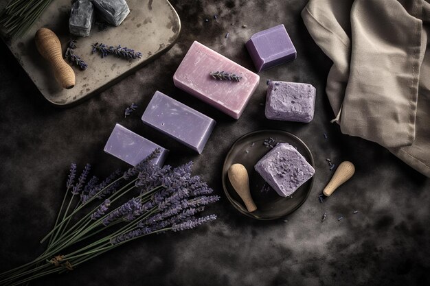 Luxuosas barras de sabonete natural com algodão lavanda e arranjo plano de patchouli no verso de pedra