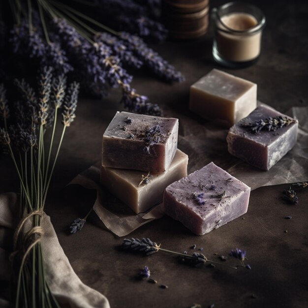 Luxuosas barras de sabonete natural com algodão lavanda e arranjo plano de patchouli no verso de pedra