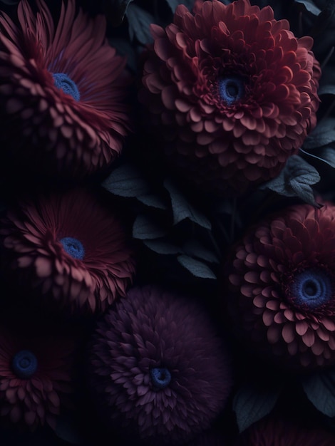 Foto luxuosas flores de bordeaux escuro em close-up em um fundo pretogenerative ai