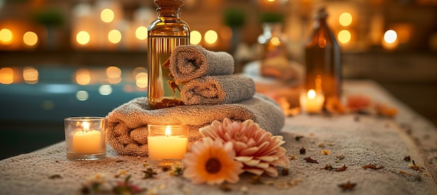 Foto luxuosas toallas de spa con bolsas de hierbas y artículos de tratamientos de belleza en un entorno relajante