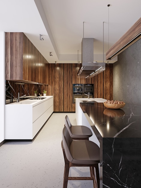 Luxuoso balcão de bar de mármore preto com uma placa de madeira com nozes e dois bancos de bar de couro na cozinha contemporânea. Renderização 3D.
