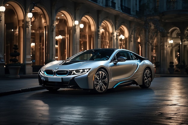 luxuoso e um BMW i8 prateado sob luzes no showroom do Salão Internacional do Automóvel de Istambul, Turquia