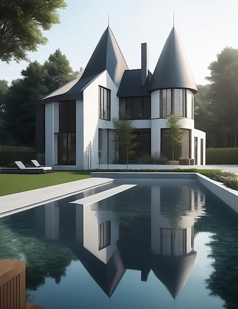 Luxuoso estilo de arquitetura de um castelo com piscina para criação e design