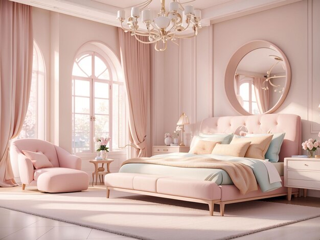 Luxuoso quarto principal moderno em cores claras em cores pastel renderização 3D