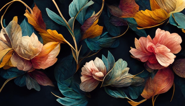 Luxuosos elementos florais de fundo botânico ou impressões de design de papel de parede. renderização 3D.