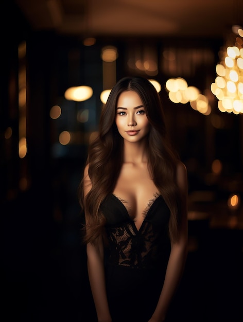 Luxuriös gekleidete Casino-Dealer-Frau mit Bokeh-Hintergrund