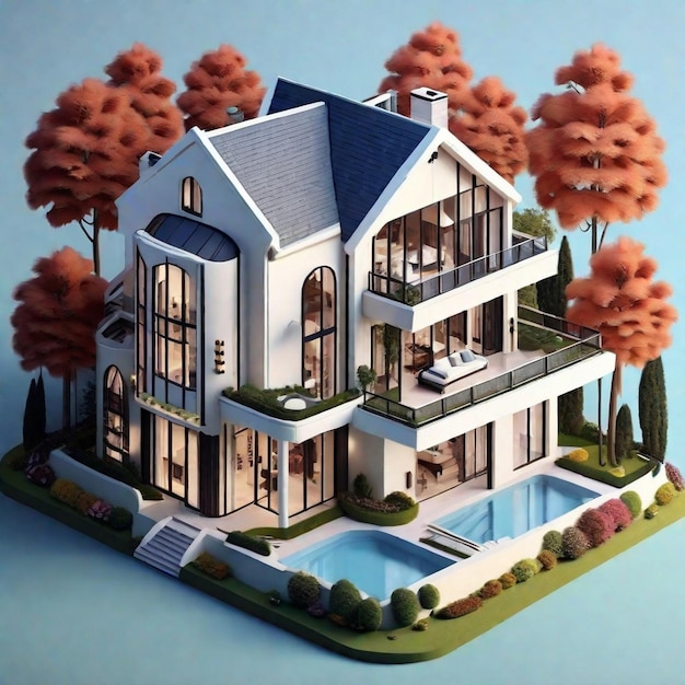 Luxuriöse 3D-Darstellung eines schönen isometrischen Hauses
