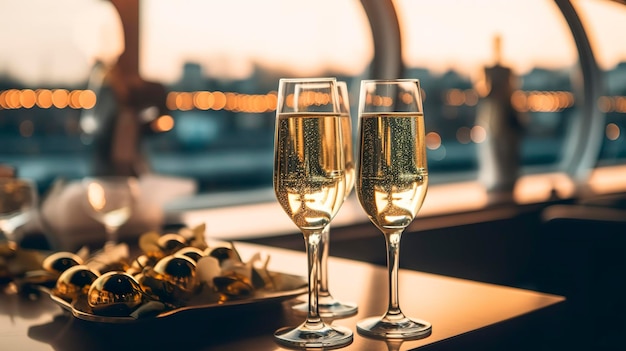 Luxuriöse Abendparty auf einer Kreuzfahrtjacht mit Champagner-Gedeck. Champagnergläser und Flaschen mit Champagner mit Bokeh-Yacht im Hintergrund, niemand AI Generative