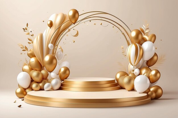 Foto luxuriöse abstrakte szene goldene kurvenlinien funkeln und ballons mit zylindrischer podiumsform für die show pr