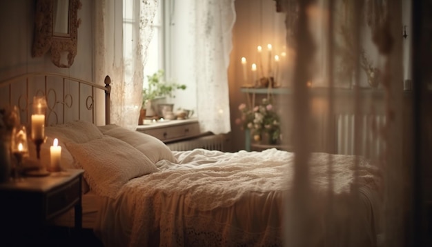Luxuriöse Bettwäsche und elegantes Dekor schaffen eine gemütliche Hotelsuite, die durch künstliche Intelligenz erzeugt wird