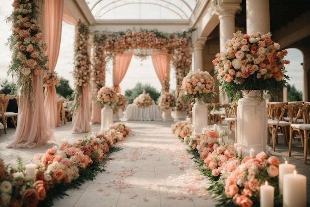 Luxuriöse Dekorelemente mit einem Bogen und Blumen in Pastellfarben für eine Hochzeitszeremonie im Freien