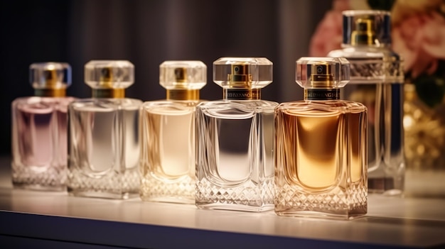 Luxuriöse Duftflaschen bei Parfümduft bei Präsentationsveranstaltung, maßgeschneiderter Verkauf von Parfümerie- und Schönheitsprodukten, generative KI