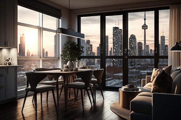 Luxuriöse Eigentumswohnung mit Aluminiumfenstern und Blick auf die Skyline der Stadt, erstellt mit generativer KI