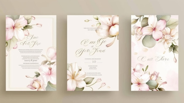 Luxuriöse, elegante Hochzeitseinladungskarte mit wunderschönem, von der Naturaquarellblume generiertem AI-Bild